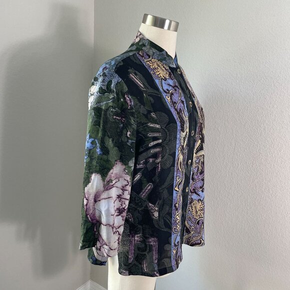 Citron Santa Monica Womens Medium Petite Silk Button Up Blouse Dragon Floral - Picture 6 of 12